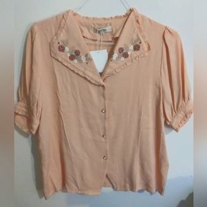 NEW W/ TAGS Simple Retro Erin Strawberry Embroidered Orange/Pink Blouse size XS